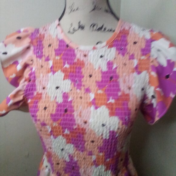 Michelle McDowell Dress Women M ? Short Ruffle Sleeve Smocked Floral Pink Orange - Picture 8 of 16